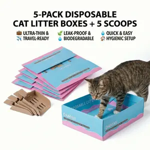 DAMAII 5-Pack Disposable Cat Litter Boxes Set with 5 Foldable Scoops Heavy Duty Leak-Proof Eco-Friendly 10 Pieces Total Value for Cat Owners