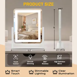 Vanity Mirror with Lights 12.6"×15" LED Makeup Mirror Smart Touch Control Dimmable 3 Modes Light for Makeup Desk Bedroom Dressing Room