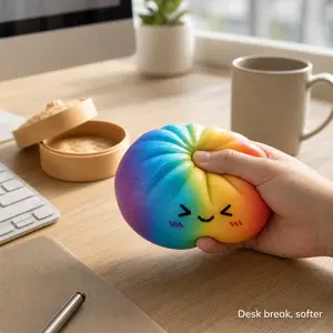 Glitter Dumpling  Toy, Soft TPR Slow Rise Fidget Squeeze Ball with Bamboo Steamer for ASMR Unboxing Gift Rainbow Stress jumbo squishy