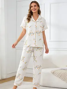 Women's Two-Piece Floral Pajama Set, All-Over Printed Button Front Shirt & Elastic Waist Pants, Casual Loose Fit Sleepwear, Lightweight Loungewear