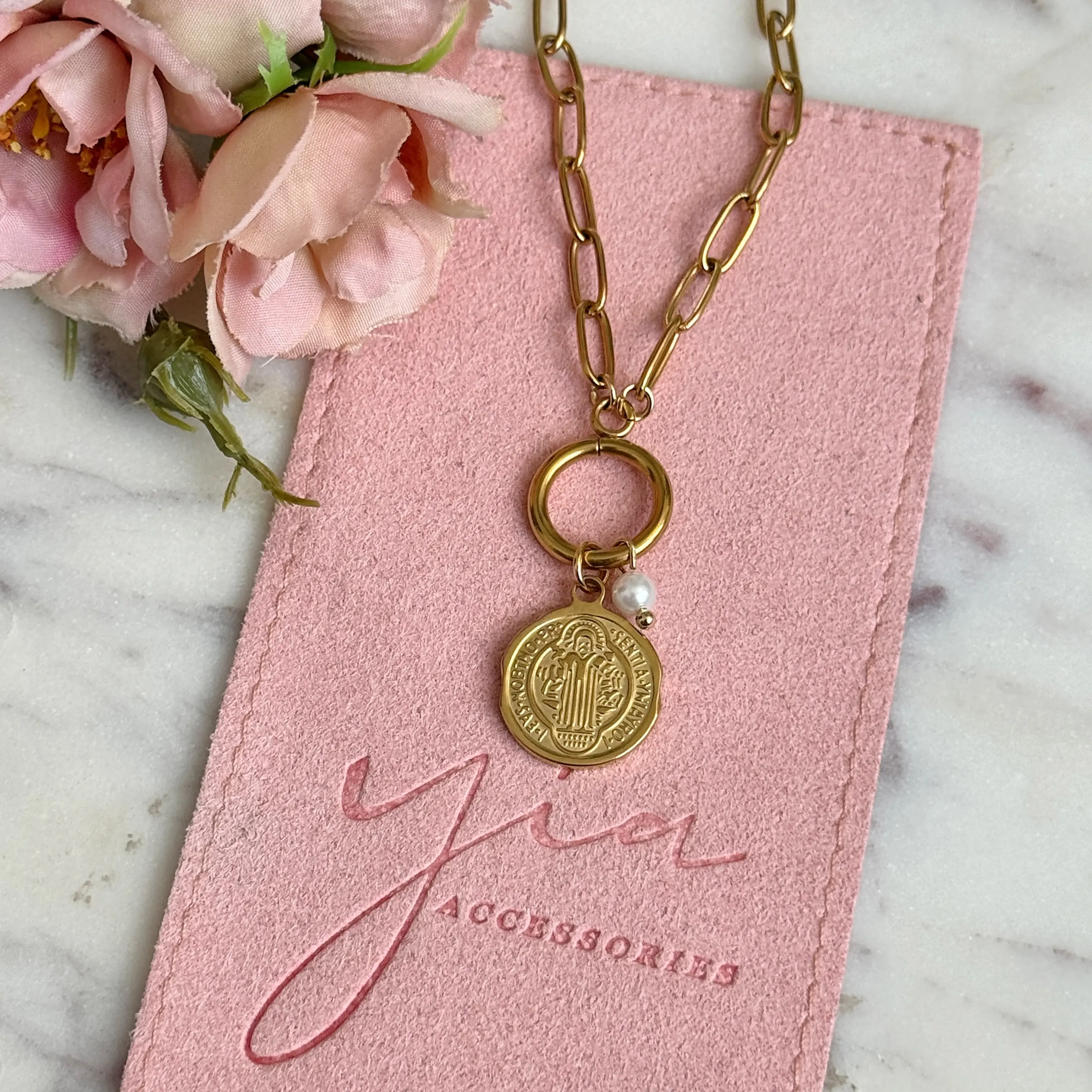 Gold-Tone Saint Benedict Bead Medal Necklace, Unisex Stainless Steel Religious Pendant Accessories with Adjustable 21.5in-23.5in Chain for Casual Daily Wear