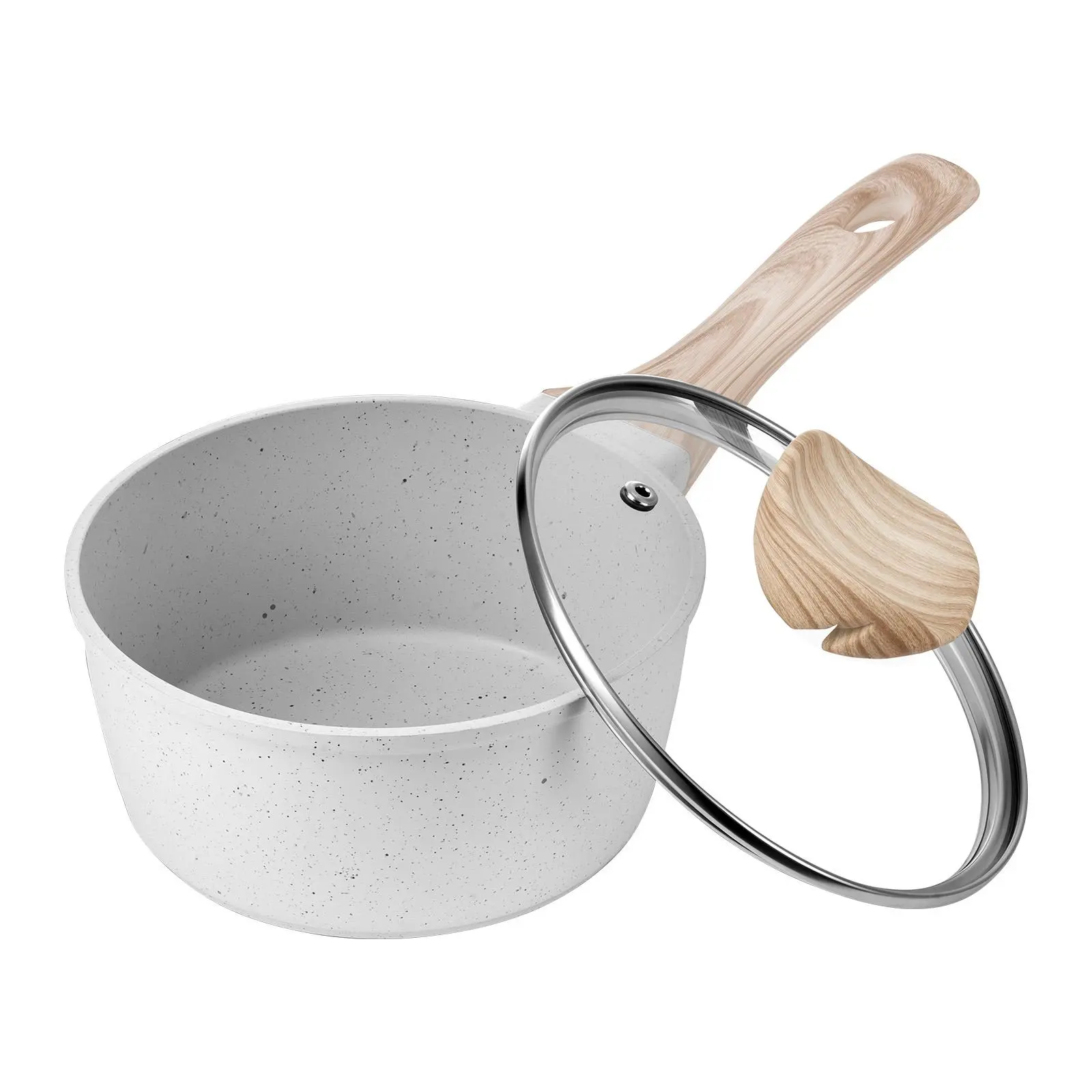 【Backtoschool】VEVOR 1.5 QT Aluminum Die-Cast Nonstick Saucepan, Tempered Glass Lid, Detachable Secure Handle, Quick Heat Base, Induction Compatible, Multipurpose Small White Kitchen Cooking Pot, Everyday, 1.5Qt Small Batch