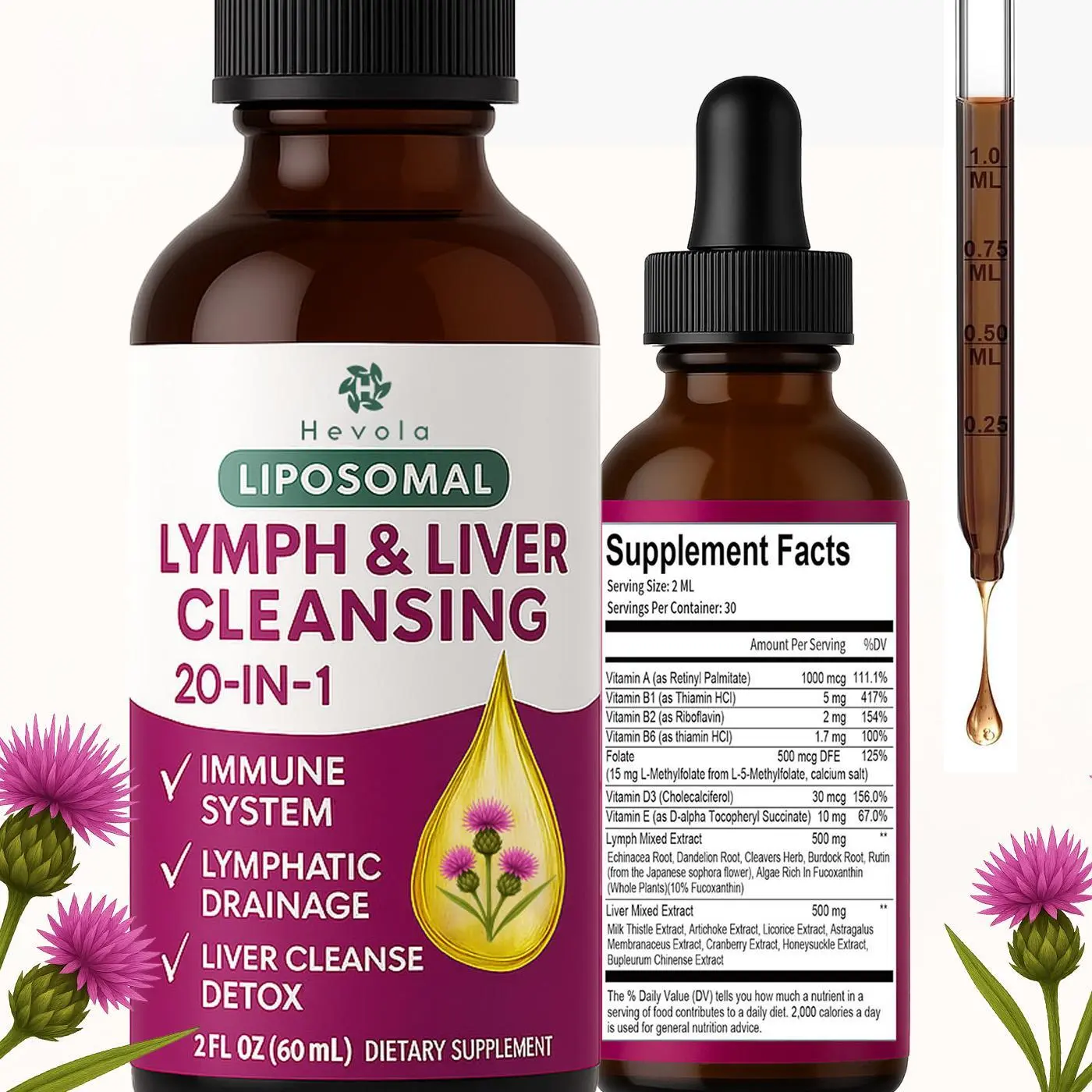 Liposomal Lymph-Liver Cleanse Detox Binder Dietary Supplement - Natural Organic Botanical Plants (Milk Thistle, Echinacea, Artichoke) for Lymphatic Drainage, Liver Support, Immune System Support, 2 Fl.Oz Anti-Oxidants All-Vitamins Bottle Supplement