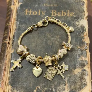 Gold Luminous Cross Bracelet – Bible, Love & Angel Crown Charms, Removable Adjustable Faith Jewelry for Women