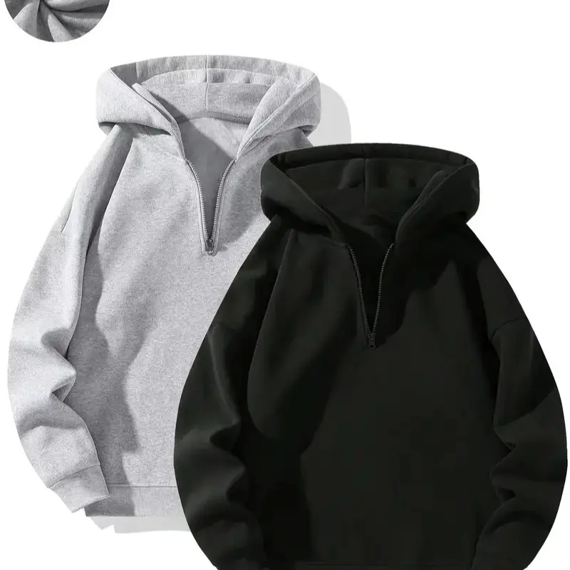 Men's 1/4-Zip Solid Color Drop-Shoulder Regular Fit Long-Sleeve Sweatshirt - Zip-Front Drop-Shoulder Hoodie for Autumn Winter Daily Casual Fashion Plain Simple Tops, Zip-Front Men's Hoodies, Drop-Shoulder Men's Hoodies