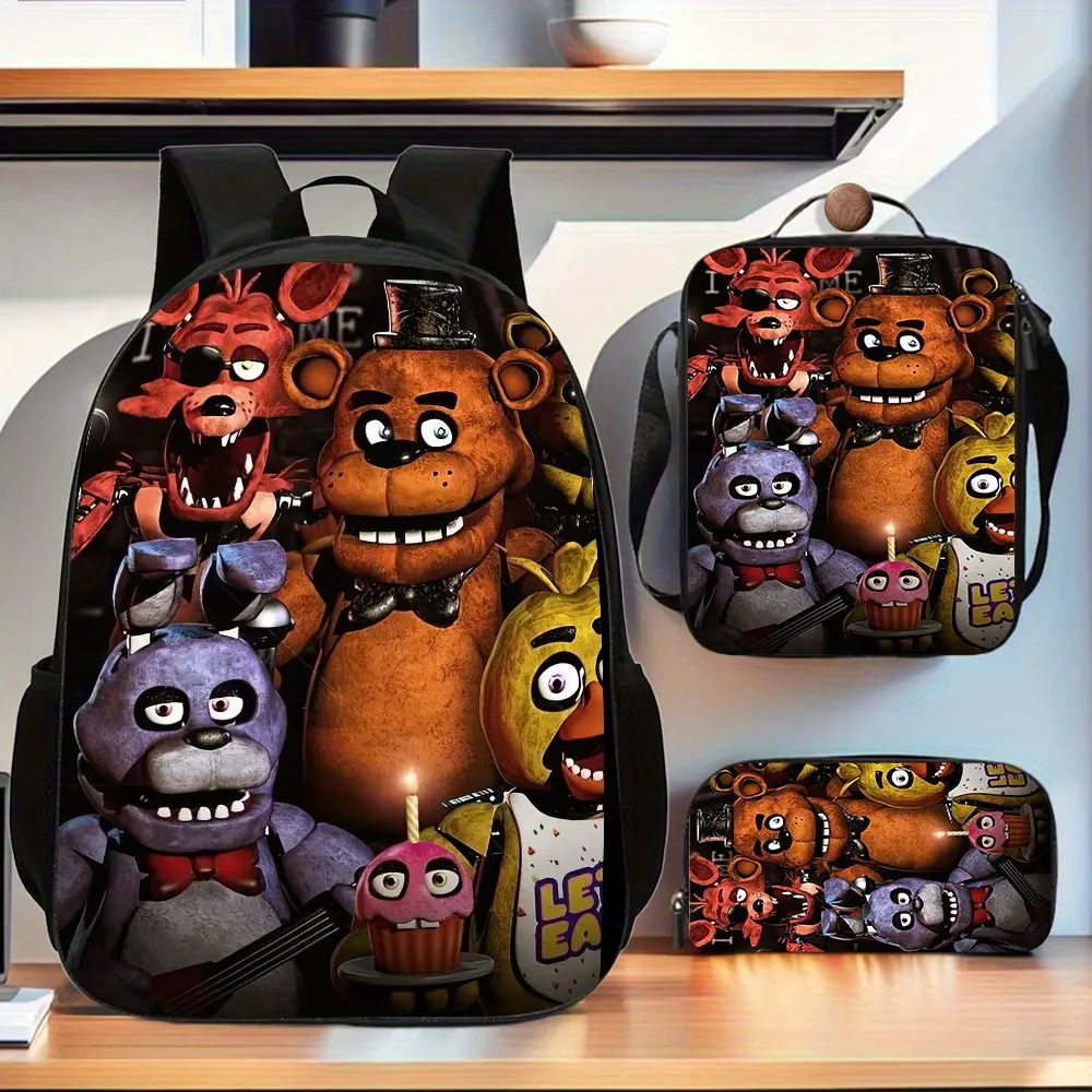 Five Nights at Freddy's 3PCS Backpack Set, Cartoon FNAF Print School Backpack with Lunch Box & Pencil Case, Lightweight Casual Daypack for Kids Teens, Ideal Gift for FNAF Fans