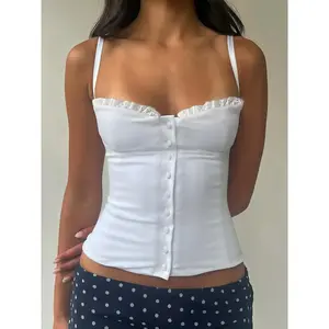 Lace strapless top, button trimmed slim fit vest, elegant women's summer fashion sleeveless top, slim fit shoulder strapsRAIMENTRY