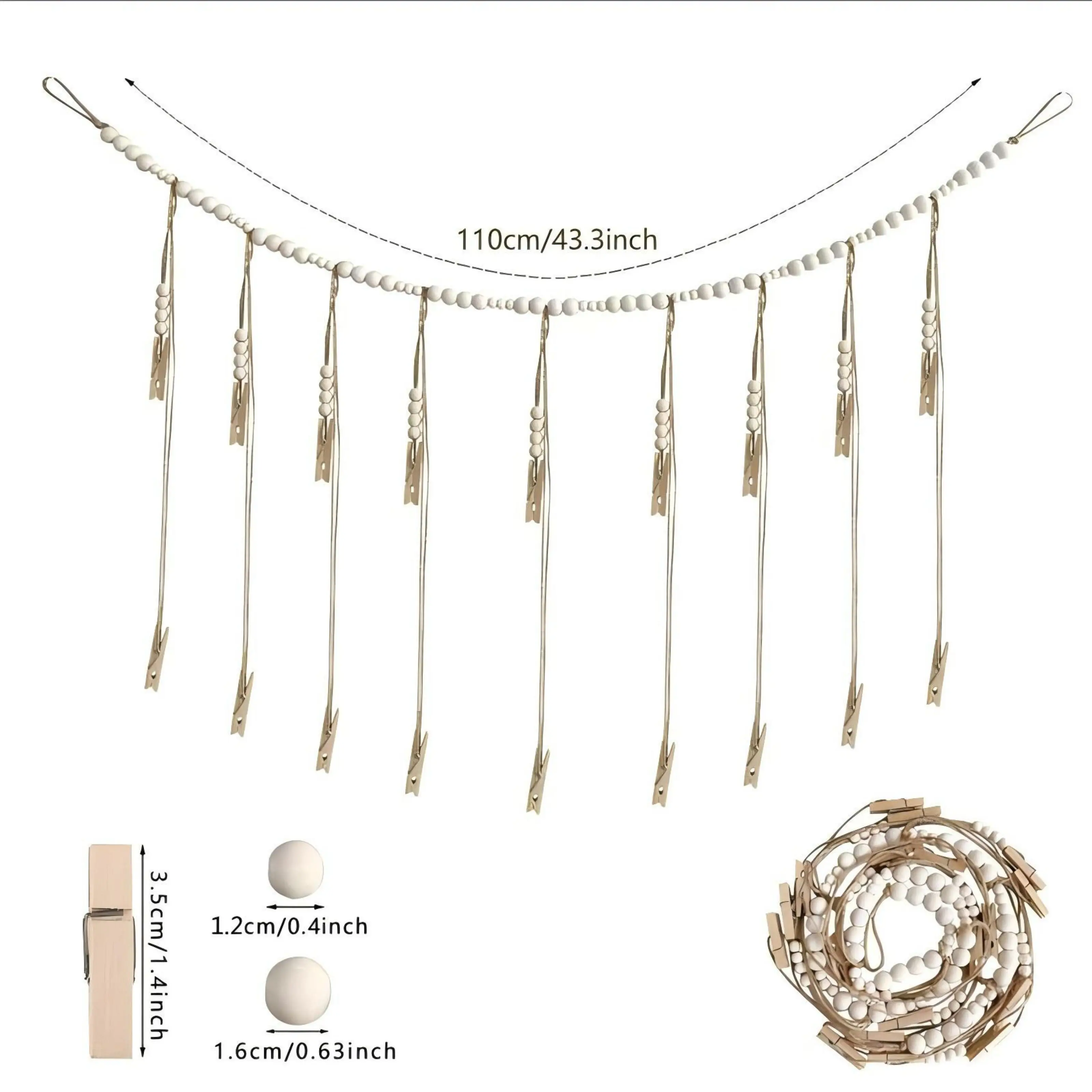 Wooden-Bead Hanging Photo Garland Frame Set - Cotton Material, Rust-Proof Durable Hooks & Clips, Valentine's Day Home Decor for Wall Room Artwork & Card Display (Nylon-Enhanced Components), Beaded Pattern, Circular Shape, Gift, 110Cm, 1 Wall Hanging Photo