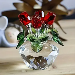 pc Red Rose Statue Ornaments, Spring Flower Bouquets, Crystal Glass Flowers, Gift Boxes, Home Decorations