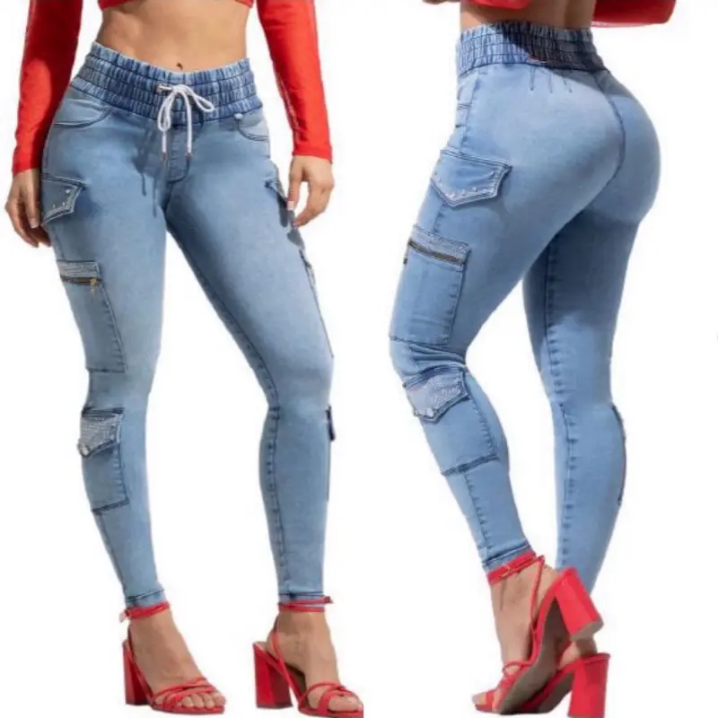 Women's W71-320 Colombian Denim Jogger Pants, Streetwear Essential Bottom with Rhinestones