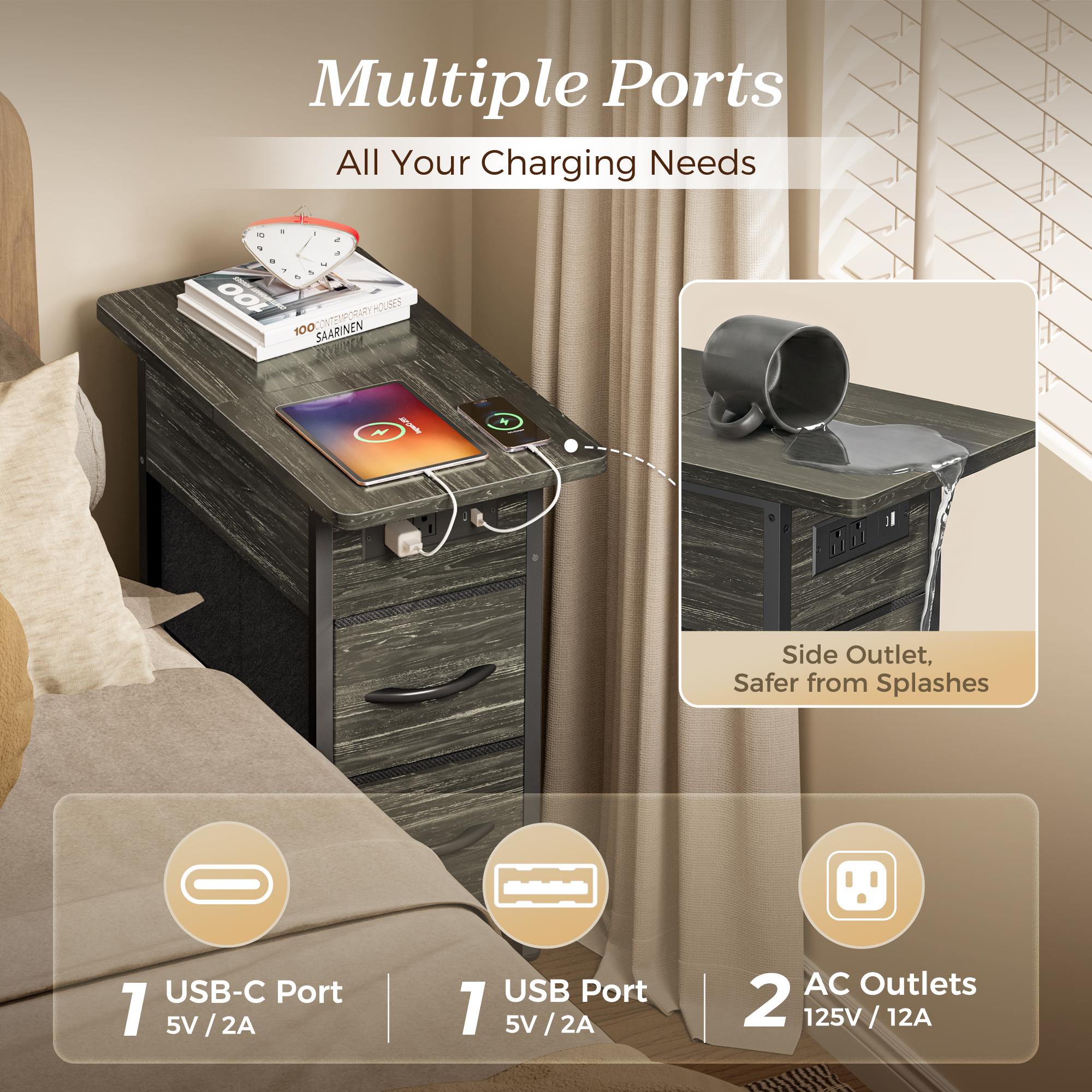 Huuger Narrow End Table with Charging Station, Flip Top Side Table with 2 Fabric Drawers, Slim Night Stand with USB-C Port for Small Spaces, Nightstand Bedside Couch Table, Living Room Huuger Narrow End Table with Charging Station, Flip Top Side Table with 2 Fabric Drawers, Slim Night Stand with USB-C Port for Small Spaces, Nightstand Bedside Couch Table, Living Room