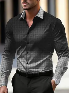 Men's Gradient Houndstooth Shirt - Stylish Long Sleeve Button Down with Unique Pattern Design for Daily Wear & Versatile Fashion Tops