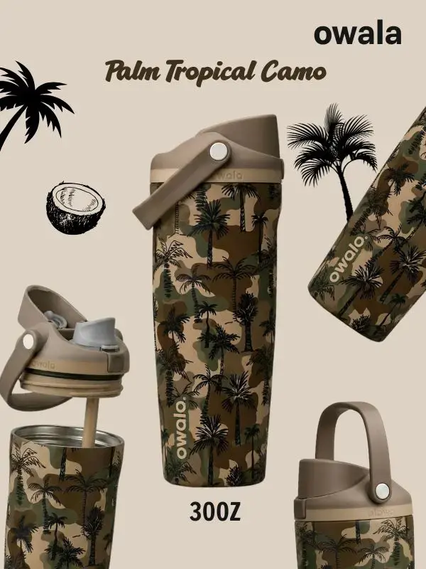 Owala Palm Tropical Camo 30oz FreeSip Sway Tumbler – Limited Edition Insulated Stainless Steel Water Bottle with Straw
