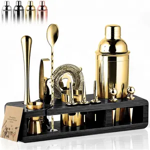 Gold Bartender Kit - Stainless-Steel Cocktail Shaker Set w/Black Bamboo Stand - Mixology Bar Tools w/Drink Shaker, Mixer, and Muddler for Cocktails - Home Bar Accessories - 23-Pc Bar Set
