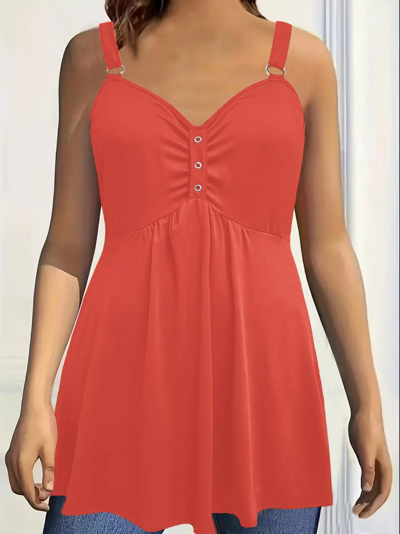 Women's New Basic Solid Color V-Neck Spaghetti Strap Sleeveless Vest Top, Ruched, Pleated Chest Design, Casual Style Loose-Fitting Summer Wear, Everyday Fashion