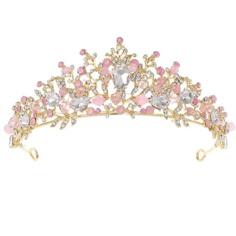 Pink Crystal Tiara Girls Princess Costume Rhinestone Crown Headband Bling Hair Wedding Bridal Hair Accessories Birthday Communion Pageant Prom Halloween Christmas Cake Topper Dress Up Gift Styling Accessory Quinceanera Crown
