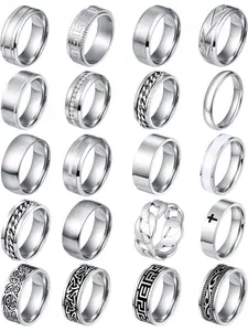 20PCS Silver Rings for Men Stainless Steel Rings Fidget Vintage Signet Ring Set Statement Signet Rings Promise Engagement Wedding Ring Gifts Jewelry 7-13 Metal Rings