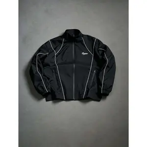 Men's Black Streetwear Baseball Jacket with White Embroidered Logo, Vintage Zip Up Varsity Coat for Men, Urban Casual Sports Jacket with Ribbed Cuffs, Trendy Hip Hop Outerwear for Spring & Fall.