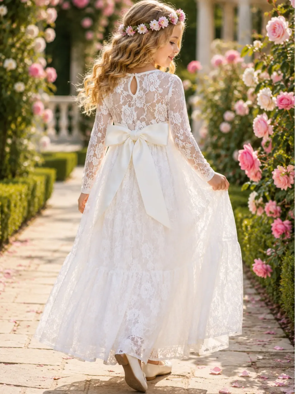 Girls Flower Girl Dress Lace Long Sleeve Open Back Bow Back Wedding Dress Fully Lined Communion Dress for Girls 2-13 Years