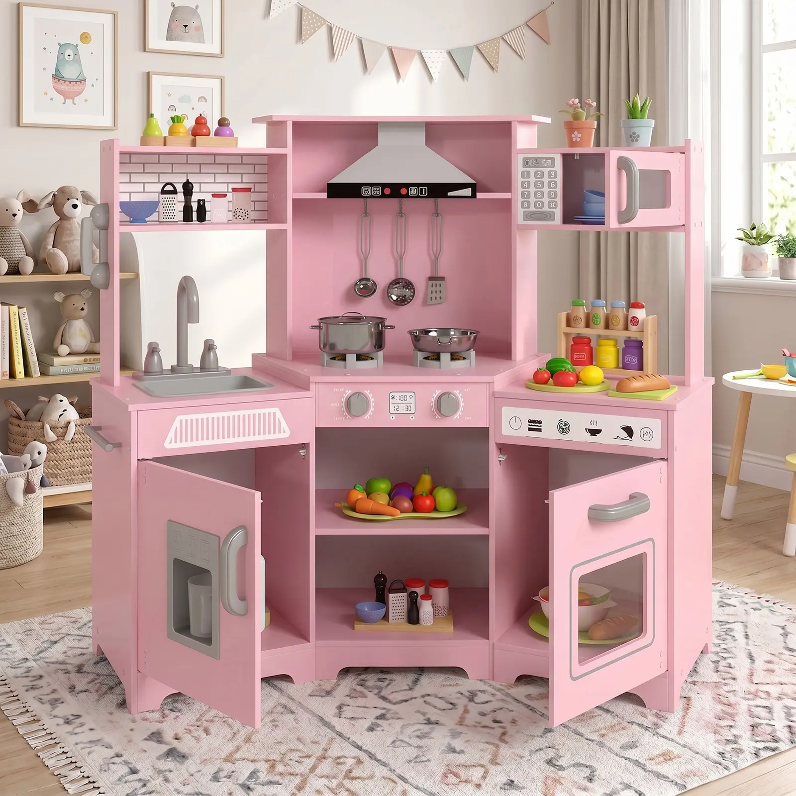 Kids Play Kitchen Set - Corner Wooden Pretend Toddler Kitchen Toys Playset with Realistic Lights & Sounds Microwave Oven Water Dispenser Phone Sink Cooking Accessories for Toddlers Ages 3+