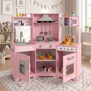 Kids Play Kitchen Set - Corner Wooden Pretend Toddler Kitchen Toys Playset with Realistic Lights & Sounds Microwave Oven Water Dispenser Phone Sink Cooking Accessories for Toddlers Ages 3+