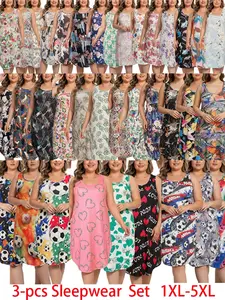 【Flash Sale】Women's Valentine Heart Pajama Set, Plus Size Curvy Fit 3-Pack Sleeveless Tank Loungewear Nightdresses, Breathable Floral Sleepwear (1XL-5XL Assorted Prints, Blue) | Plus Size Clothes, Curvy Clothing, Pajamas Sets for Women, All Seasons