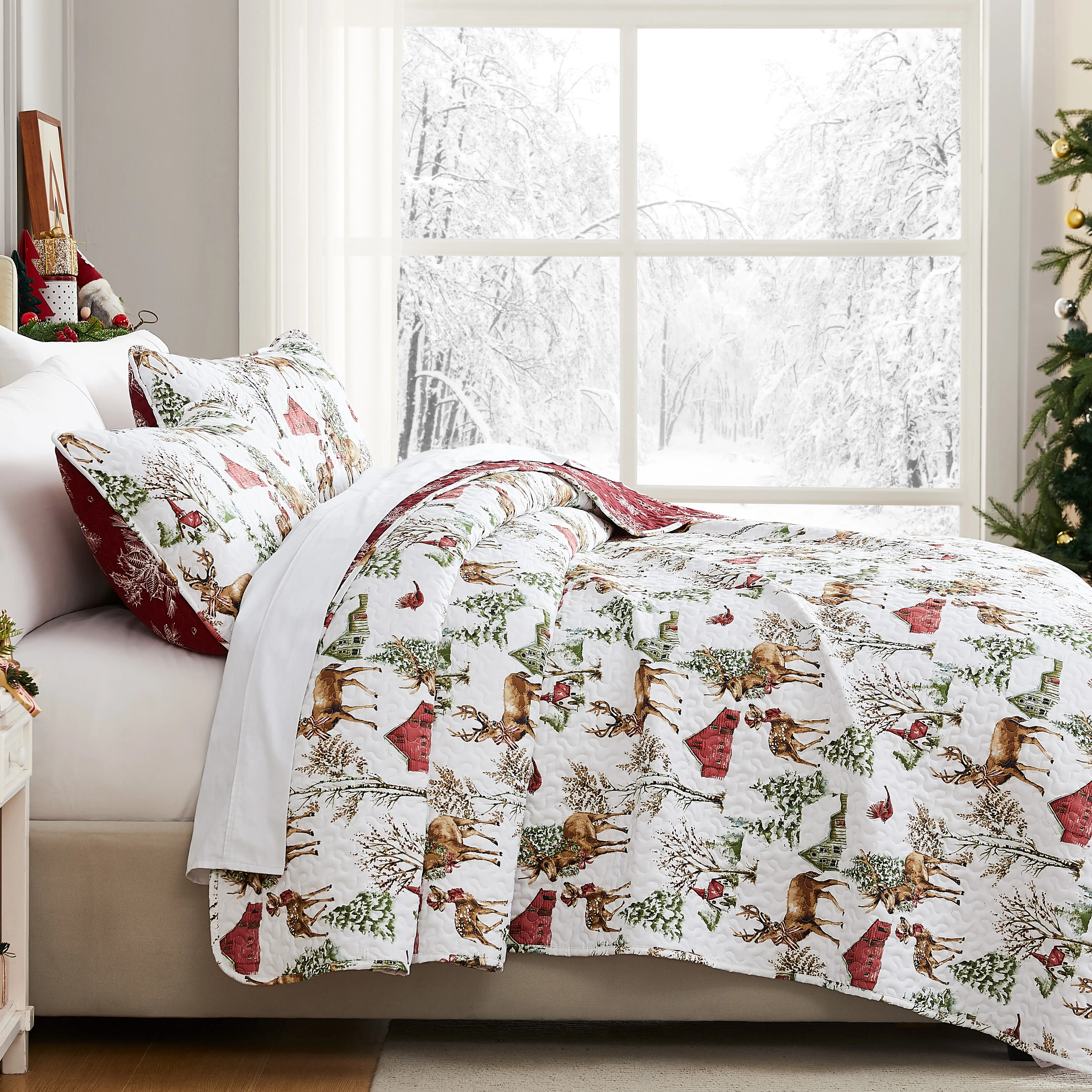 Quilted Bedding 3-Piece Set - White Christmas Reversible Thin Quilt, Queen-Size Double Comforter, Festive Bedroom Holiday Decor Bedding Sets