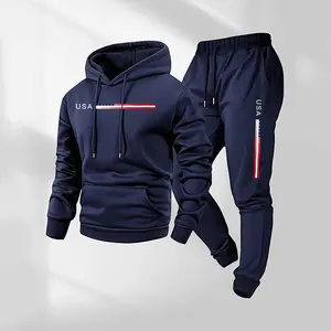 Men's USA Letter Printed Hoodie & Drawstring Sweatpants Set, 100% Polyester, Loose Fit, Casual Athletic Tracksuit for Fall & Winter, Daily Wear, Sportswear