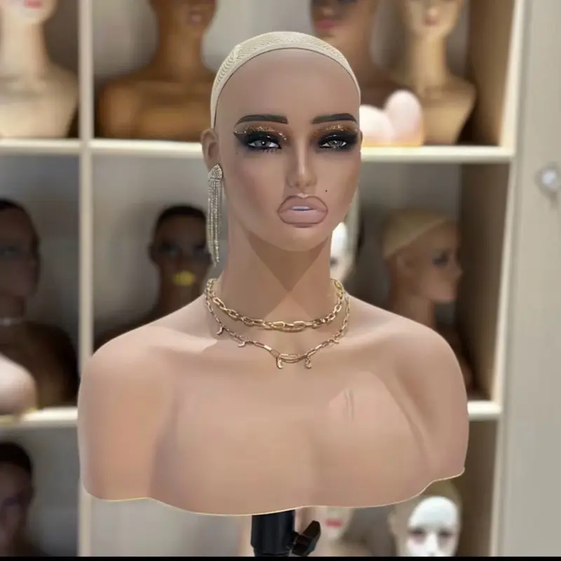 Realistic Female Mannequin Head with shoulders for wigs, Makeup practice , and Hats Display High Quality, PVC Display Stand