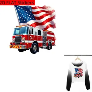 6pcs Heroic Fire Truck with American Flag - Heat Transfer Patch, Iron-On & Washable, Suitable for T-Shirts, Jeans, Sweaters, Tote Bags, Pillows, Cushions, and Pillowcases, Diy Clothing Decor, Patriotic Theme, Casual Style Patch