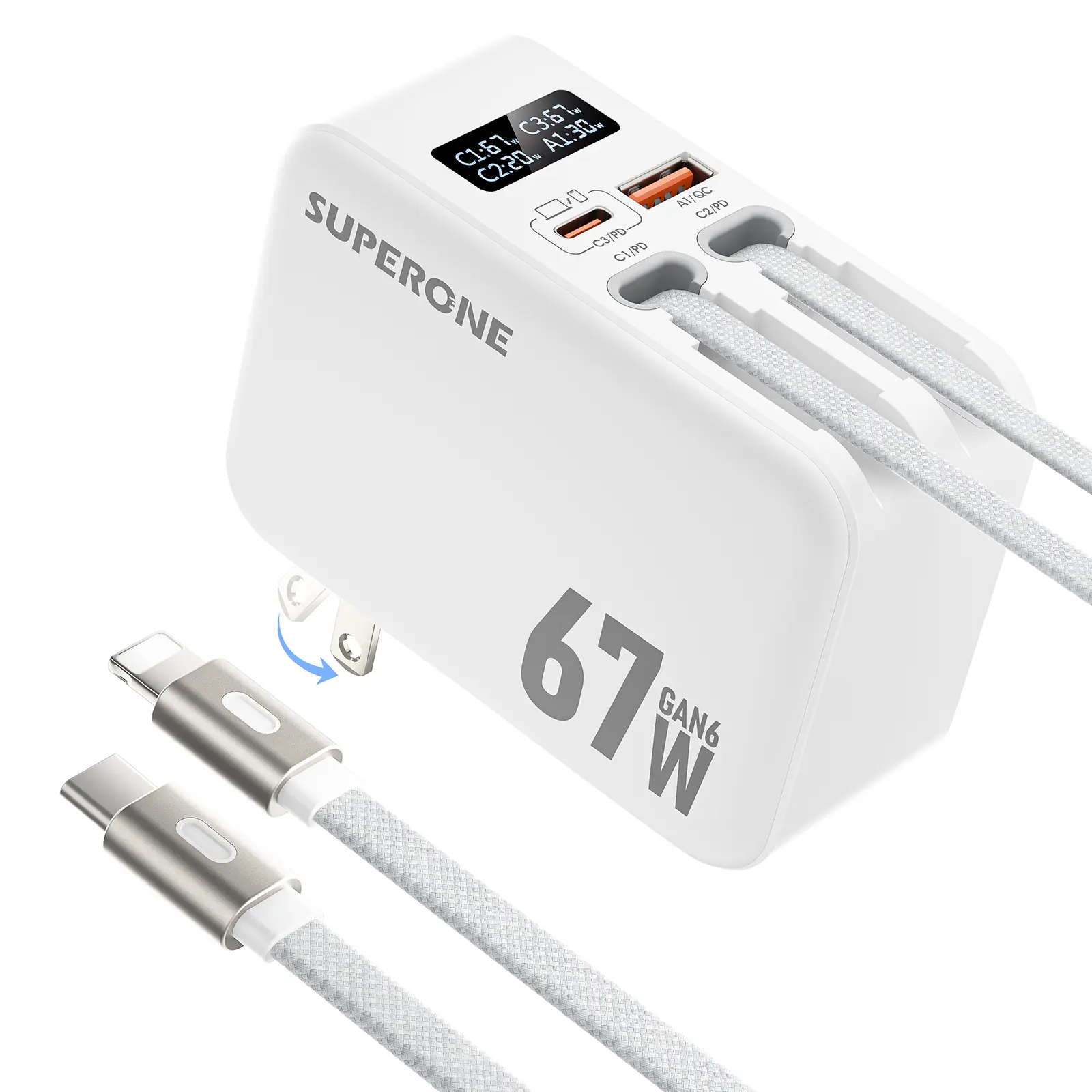 [LIVE]SUPERONE 67W GaN Retractable Wall Charger Plug - Multi-Port Electronic Adapter with 3.3ft Nylon Braided 2 USB-C 4-in-1 Collapsible Foldable Charging Cable, Digital Smart Display for Business Use, Super Rapid Charging for iPhone 17/16/15, MacBook
