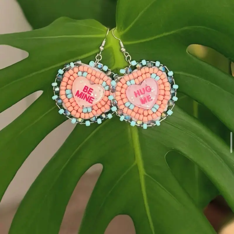 Coral Candy Heart Beaded Earrings