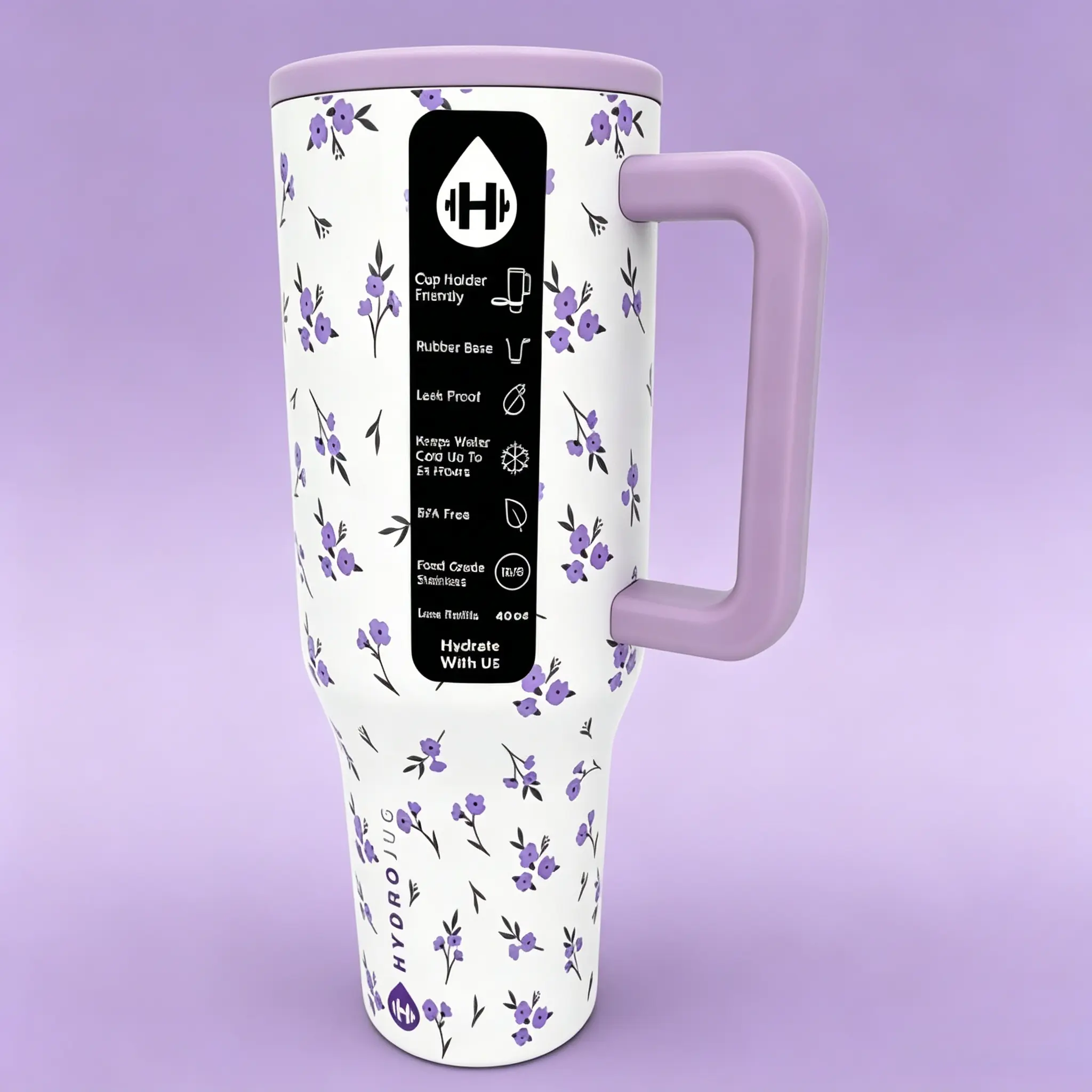 HydroJug 40-oz Stylish Purple Floral Insulated Vacuum Tumbler - Stainless Steel Flask with Handle, Leak-Proof, BPA-Free, Cup Holder-Fit, Long-Lasting Cold Drinks, Ideal for Iced Coffee, Office, Car Use, Mug, Water Bottle, Insulated Tumbler, Water Bottles