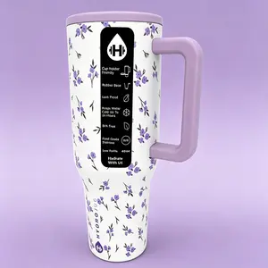 HydroJug 40-ounce purple floral insulated cup with handle, keeps drinks cold for hours, stainless steel travel mug, leak-proof, BPA-free, fits cup holders, suitable for iced coffee, car, and office water bottle
