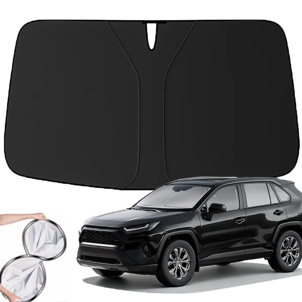 300T Universal Car Windshield Sun Shade, Foldable Reflective for Windshield & Window Shades with Overlapping Design, 55''x 31'' Car Interior Accessories Fits for Toyota/Camry/RAV4/Corolla/Hybrid/Cross/Tundra/Venza
