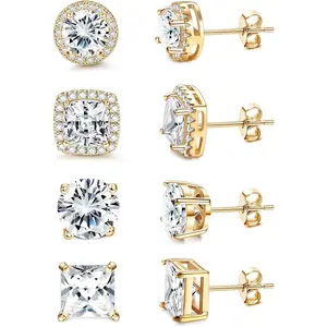 FLORIDECO 4 Pairs Cubic Zirconia Stud Earrings White Golden/Golden/Silver Hypoallergenic Earrings Brilliant Large Halo Stud Earrings for Women Men Daily