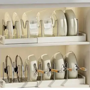 Expandable Pot and Pan Organizer Rack - 7 Stainless Steel Adjustable Dividers for Kitchen Cabinet Organizer & Storage White