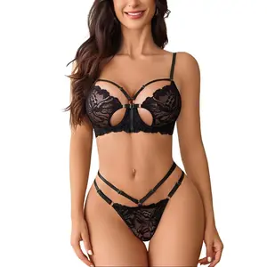 Avidlove Underwire Lingerie for Women Lace Bra and Panty Set Sexy Underwear Sets 2 Piece Strappy Lingerie with Thong Soft Fabric Butterfly Cutout Design