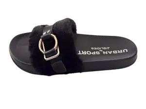 Urban Sport by J/Slides Womens Gold Buckle Slide Sandals Black Faux Fur