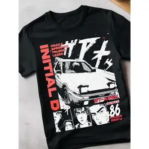 Men's Initial D Anime T-Shirt - Itsuki Fujiwara AE-86 Inspired, Japanese Racing Theme, 100 Cotton, Black with White & Red Graphics, Casual Fit, Sizes S-XXXL