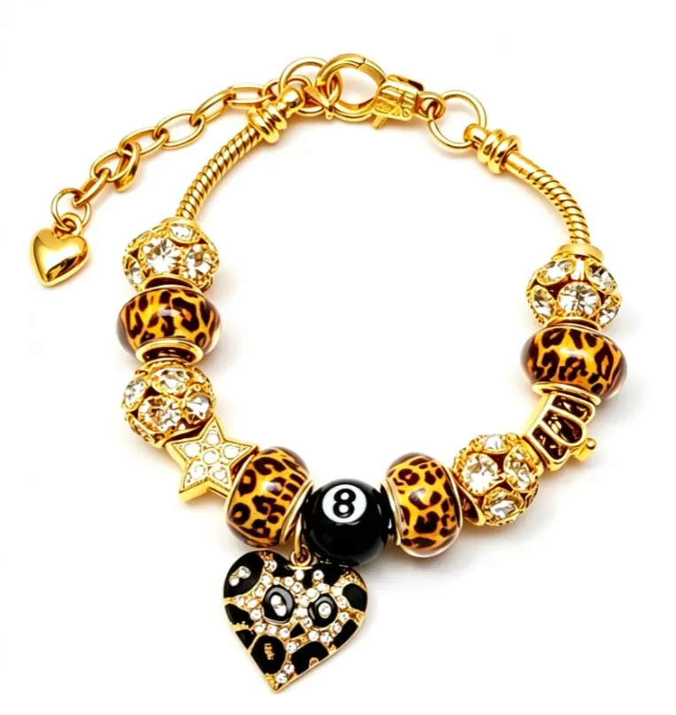 Leopard Print Beaded Charm Bracelet, Gold Snake Chain Bracelet with Black 8 Ball & Crystal Leopard Heart Pendant, Y2K Trendy Jewelry for Women