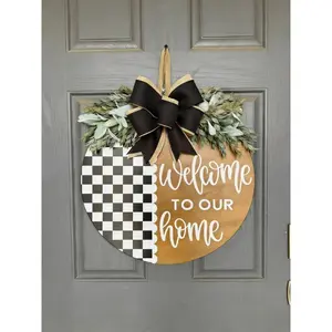 Front Door Hanger, Home Decor Ornament, Checkered Door Hanger, Year Round Wreath, Front Door Wreath, Wooden Welcome Door Hanger, Round Wreath for Front Door, 4th of July decorations sign, USA decor sign