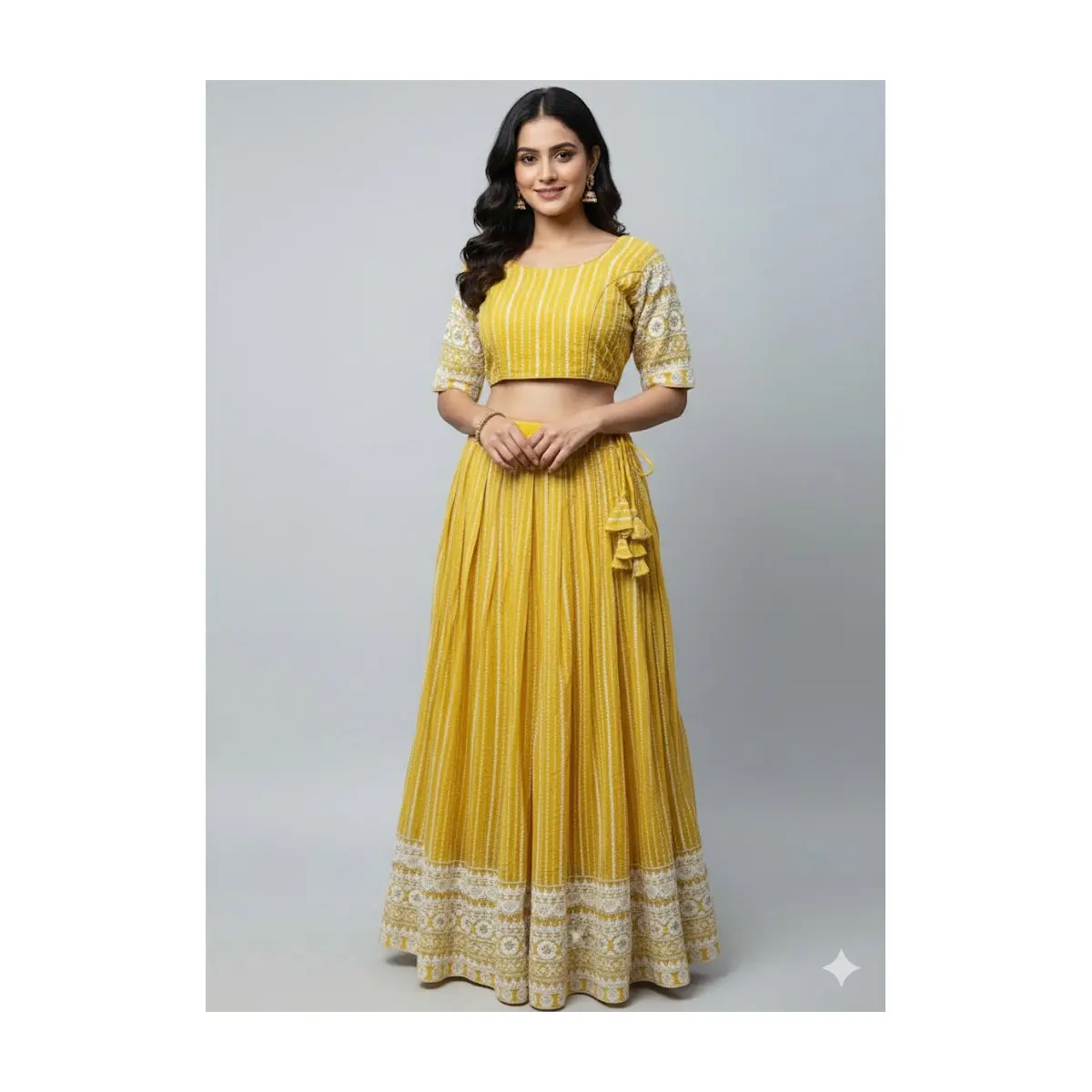 #k34Stunning Mustard Yellow Embroidered Lehenga Choli Set