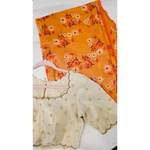 Womens Orange Cocktail Saree with designer blouse