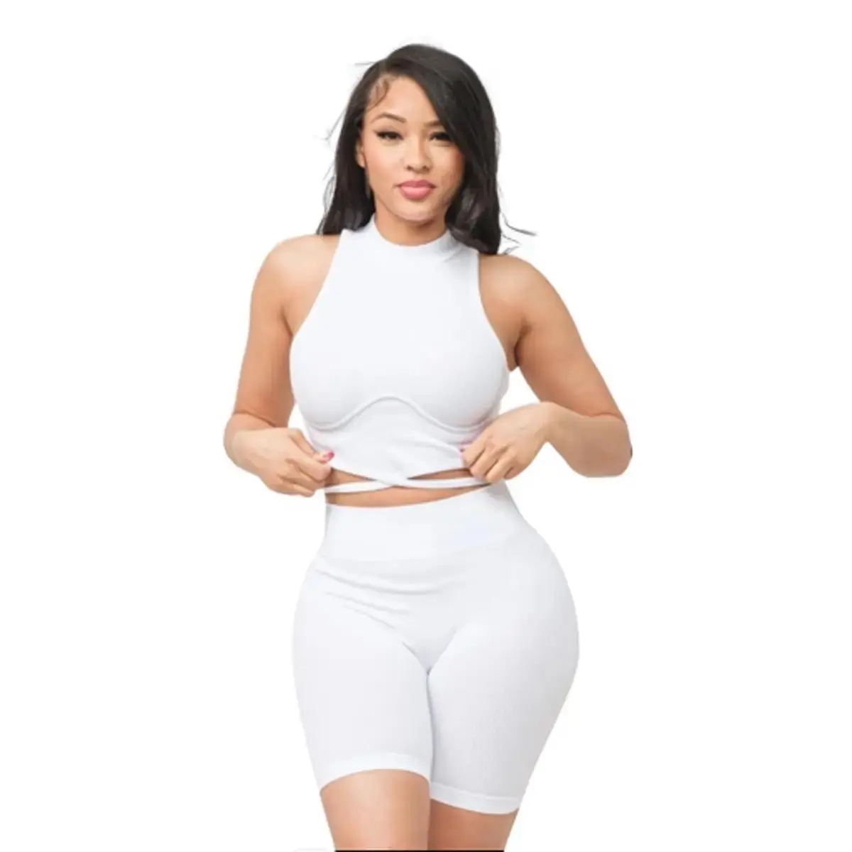 Lidia Seamless Sleeveless Binding Bra Detail Front Waist Back Tie Shorts Set.