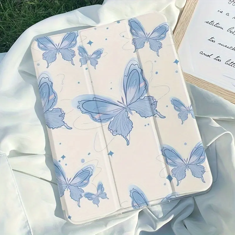 Blue butterfly pattern, with adjustable bracket and pen slot, foldable non-slip TPU protective case, suitable for iPad mini, iPad Air, iPad Pro/iPad 10th generation, 11th generation and other series of iPad protective cases, can be given as a gift