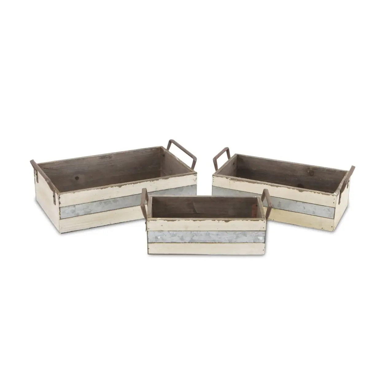 Cheungs FP-3872-3W 3-Piece Sets Nesting Crates, Multi-Size Small Wood & Metal Crates with Side Handles & Metal Panels, Fully Assembled Home Organizer Storage Bins for Organizing Items
