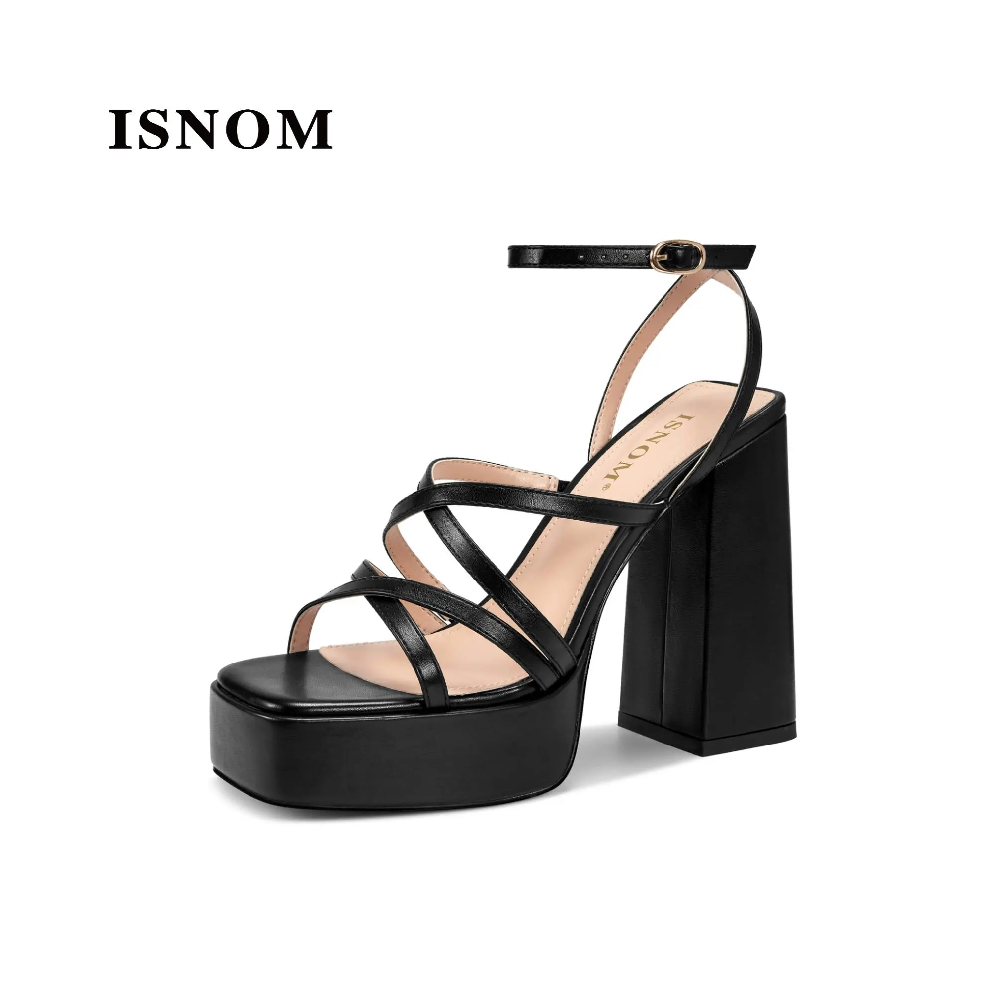 ISNOM Women's Chunky Heels 12cm Block Heel Sandals Open Square Toe Ankle Strap PU Leather Comfortable Wear-Resistant Ideal for Dates Club Nights Shopping Work Party Footwear Walking Shoes #WeeklyDeals  #tiktokshopsummersale #tiktokshopbacktoschool