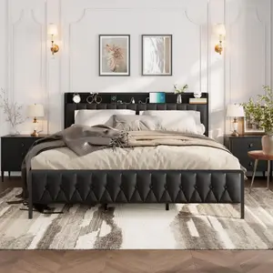 King Black Upholstered Bed Frame with Charging Station Faux Leather Platform Bed with Headboard Footboard Storage Headboard with USB Ports Outlets