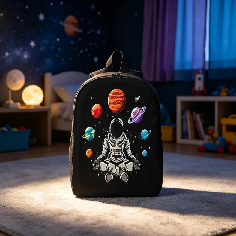 Astronaut-in-Meditation Space-Themed Kids' Backpack; Interstellar Planet Design Student Schoolbag; Extra-Large Capacity, Lightweight Travel Backpack; Back-to-School Essential; Ideal Gift for Elementary School Boys and Girls.